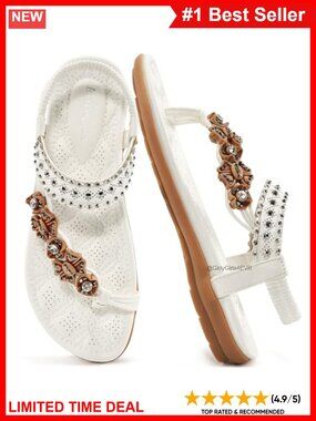 Bohemian Flat Sandals Faux Leather Rhinestone Beaded Gladiator